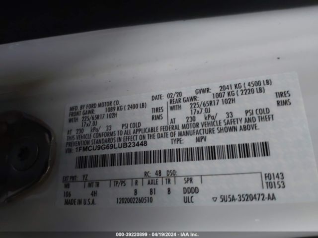 1FMCU9G69LUB23448 Ford ESCAPE SE