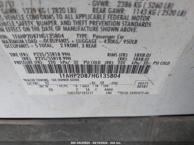 Ford TAURUS SE 2017 1FAHP2D87HG135804 Image 9