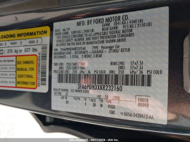 3FA6P0HDXKR232160 Ford FUSION SE