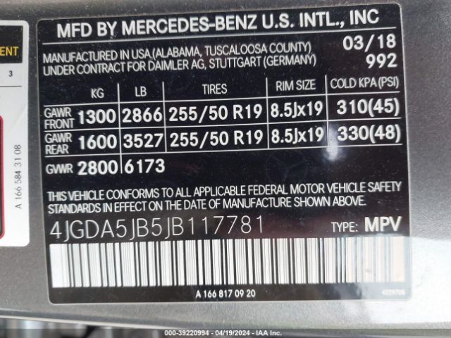 4JGDA5JB5JB117781 Mercedes-Benz GLE 350