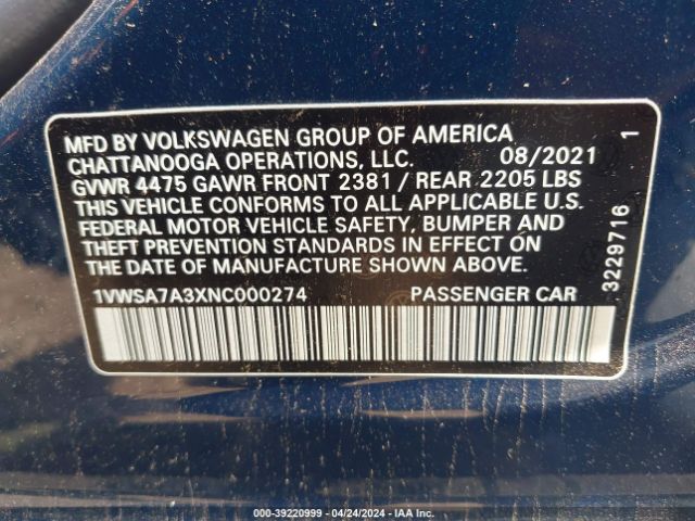 1VWSA7A3XNC000274 Volkswagen Passat 2.0t Se