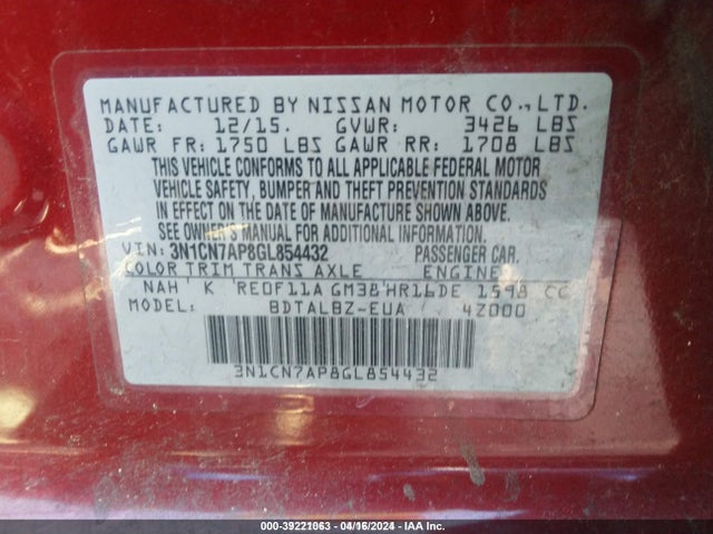 Nissan Versa 1.6 Sv 2016 3N1CN7AP8GL854432 Image 9