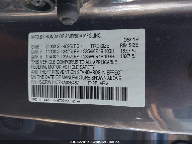 Honda CR-V EX 2019 5J6RW1H57KA038487 Image 9