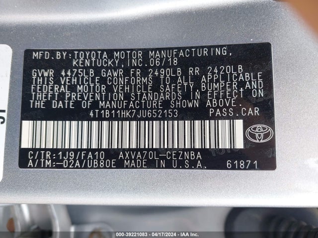 Toyota CAMRY LE 2018 4T1B11HK7JU652153 Image 9