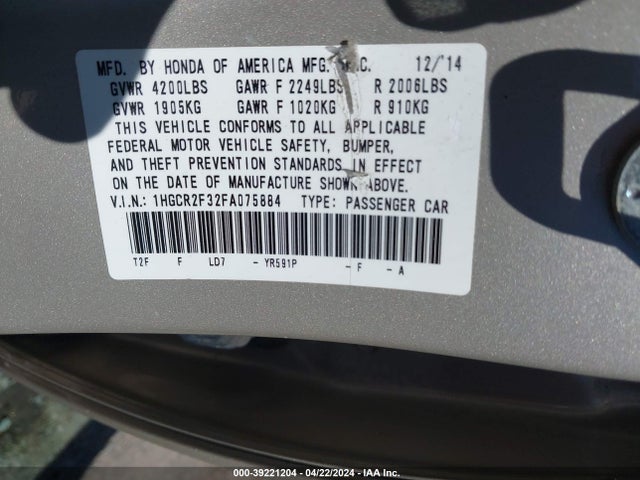 Honda ACCORD LX 2015 1HGCR2F32FA075884 Image 9