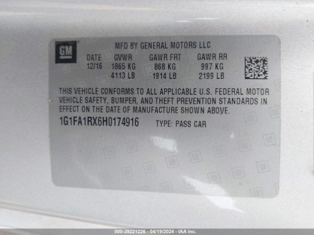 1G1FA1RX6H0174916 Chevrolet Camaro 1ls