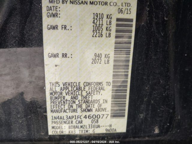 1N4AL3AP1FC460077 Nissan Altima 2.5 Sv