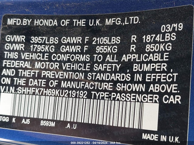 Honda CIVIC EX 2019 SHHFK7H69KU219192 Image 9
