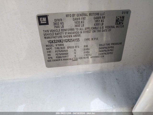 GMC YUKON XL DENALI 2016 1GKS2HKJ1GR254155 Image 9