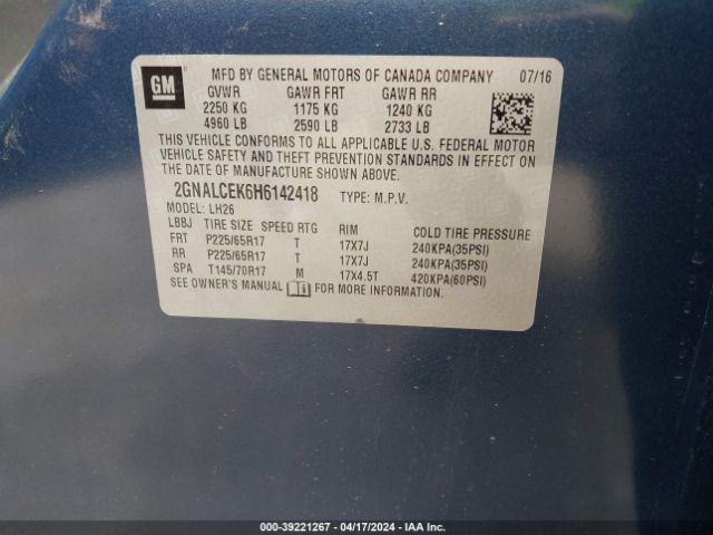 2GNALCEK6H6142418 Chevrolet EQUINOX LT