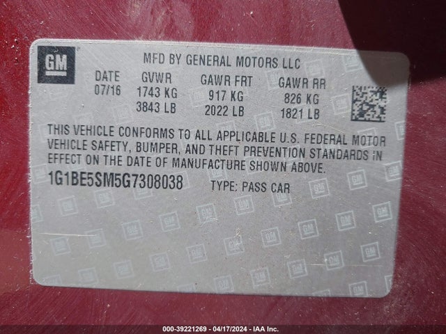 Chevrolet Cruze Lt Auto 2016 1G1BE5SM5G7308038 Image 9