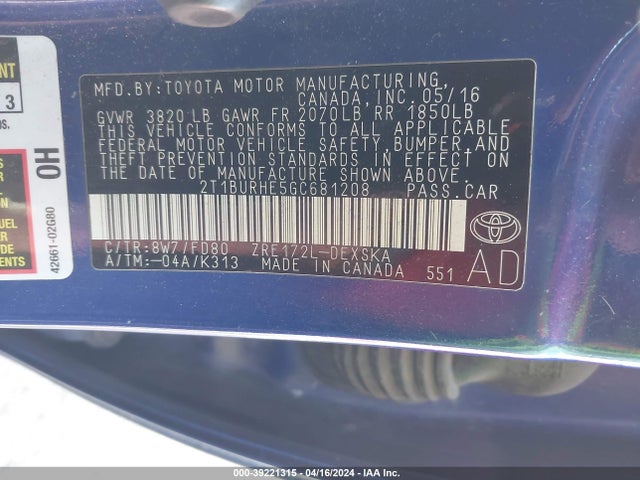 Toyota Corolla S Plus 2016 2T1BURHE5GC681208 Image 9