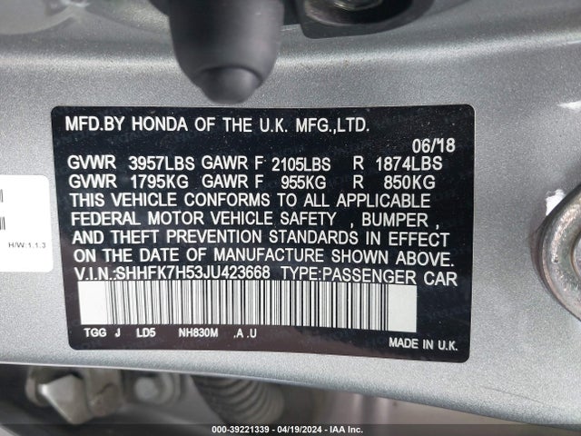 Honda CIVIC EX 2018 SHHFK7H53JU423668 Image 9