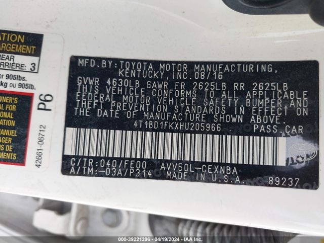 4T1BD1FKXHU205966 Toyota Camry Hybrid Le