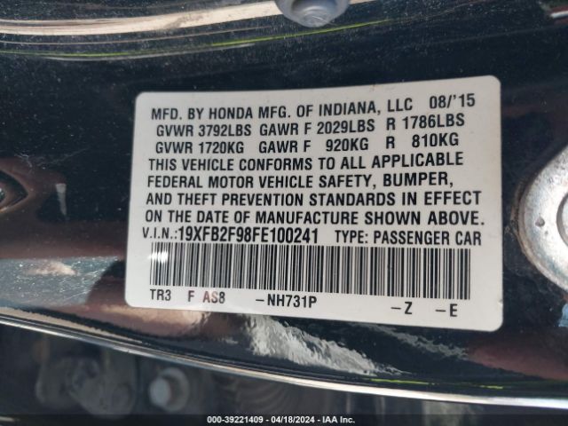 19XFB2F98FE100241 Honda Civic Ex-l