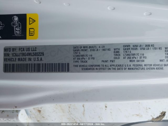 1C6JJTBG4ML565229 Jeep Gladiator Rubicon 4x4