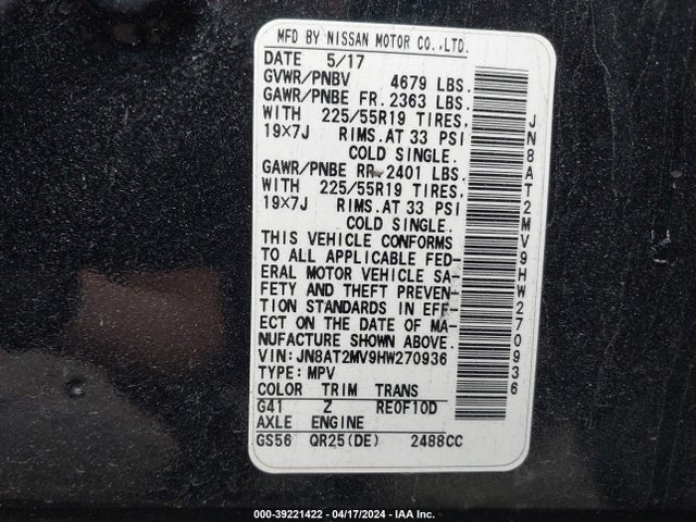 Nissan Rogue Sl 2017 JN8AT2MV9HW270936 Image 9