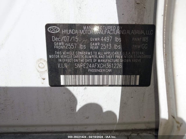 Hyundai SONATA SE 2016 5NPE24AFZGH361226 Image 9