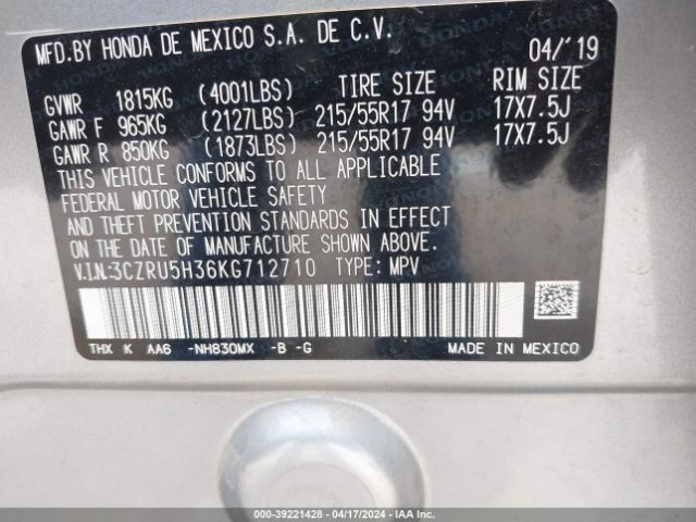 3CZRU5H36KG712710 Honda HR-V LX
