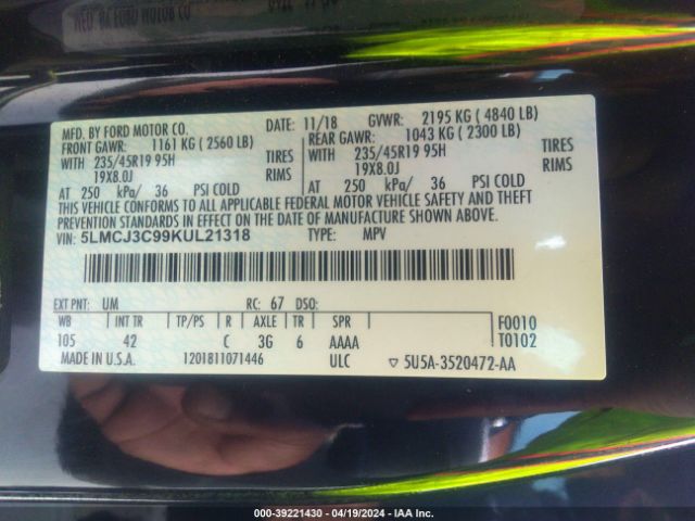 5LMCJ3C99KUL21318 Lincoln Mkc Reserve