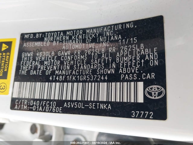 Toyota CAMRY LE 2016 4T4BF1FK1GR537244 Image 9