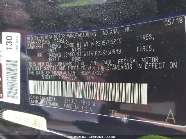 39221460 :رقم المزاد ، 5TDXZ3DC7JS949294 vin ، 2018 Toyota Sienna Se Premium 8 Passenger مزاد بيع