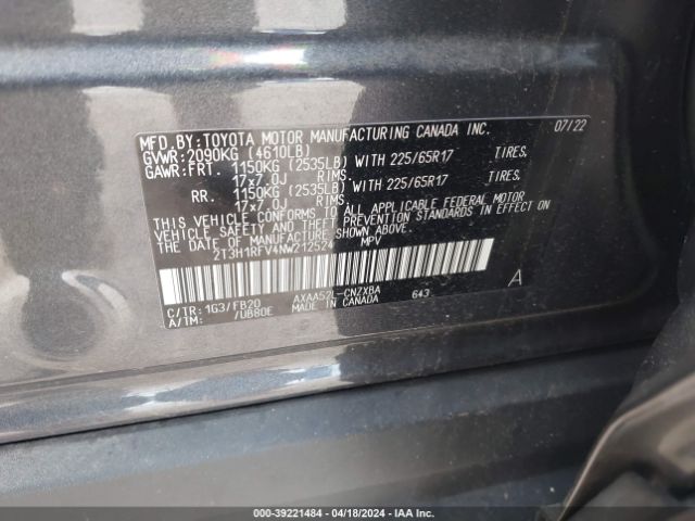 2T3H1RFV4NW212524 Toyota RAV4 LE