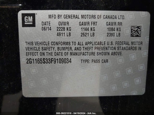 Chevrolet IMPALA 2LZ 2015 2G1165S33F9109034 Image 9