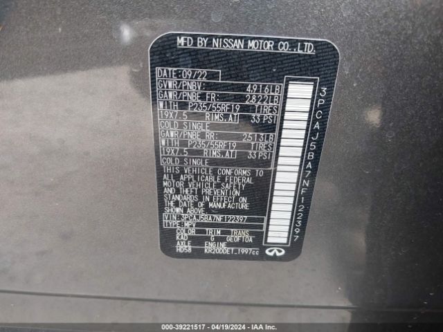 3PCAJ5BA7NF122397 Infiniti Qx50 Luxe