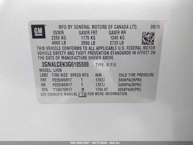 Chevrolet EQUINOX LT 2016 2GNALCEK3G6105308 Image 9