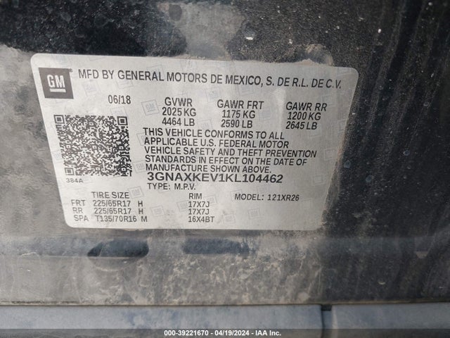 3GNAXKEV1KL104462 Chevrolet EQUINOX LT
