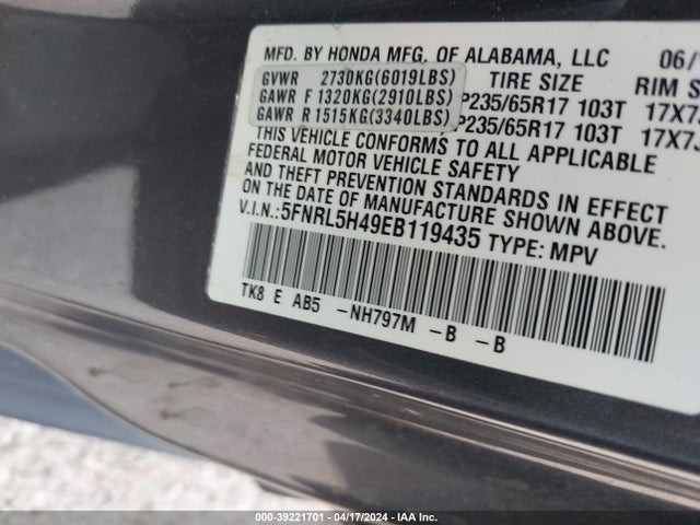 Honda ODYSSEY EX 2014 5FNRL5H49EB119435 Image 9