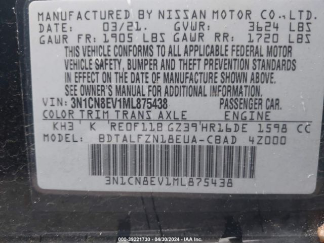 3N1CN8EV1ML875438 Nissan Versa Sv Xtronic Cvt