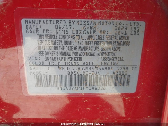 Nissan SENTRA SV 2017 3N1AB7AP1HY346338 Image 9