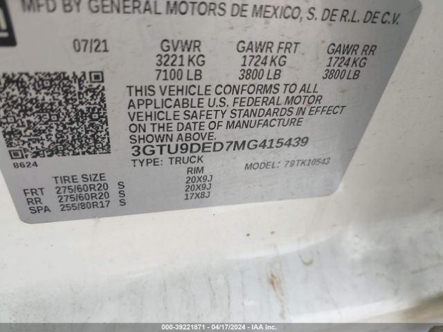 3GTU9DED7MG415439 GMC SIERRA 1500