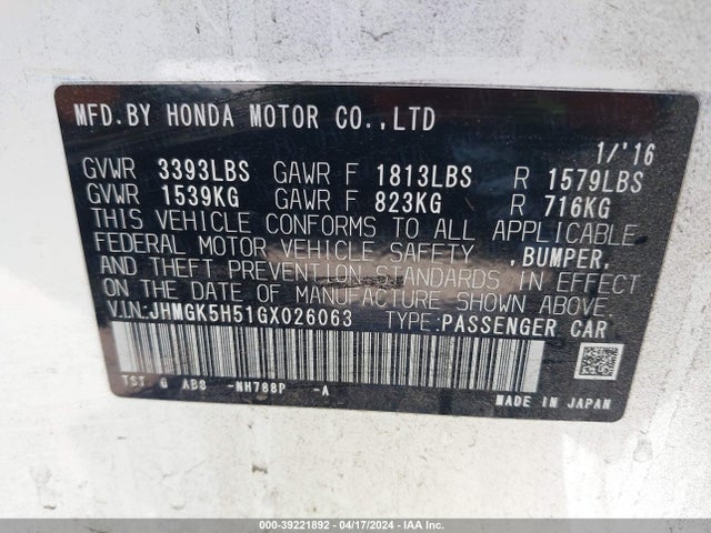 Honda FIT LX 2016 JHMGK5H51GX026063 Image 9
