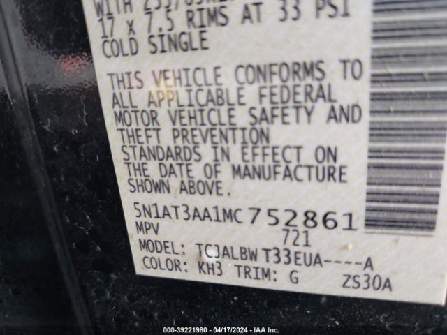 5N1AT3AA1MC752861 Nissan Rogue S Fwd
