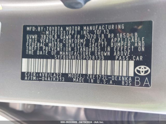 5YFBURHE6EP028139 Toyota Corolla Le Premium