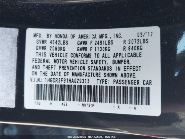 1HGCR3F91HA029315 Honda Accord Touring V6