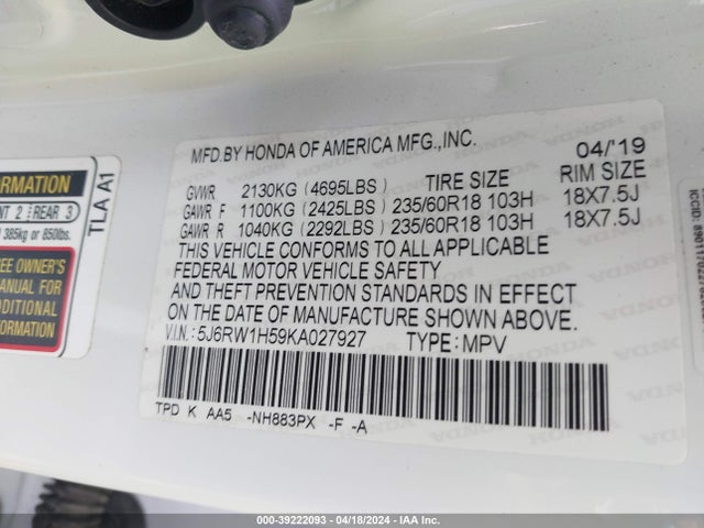 Honda CR-V EX 2019 5J6RW1H59KA027927 Image 9