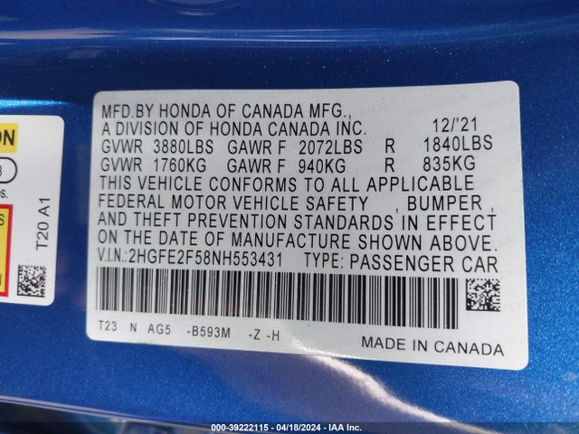 Honda Civic Sport 2022 2HGFE2F58NH553431 Image 9