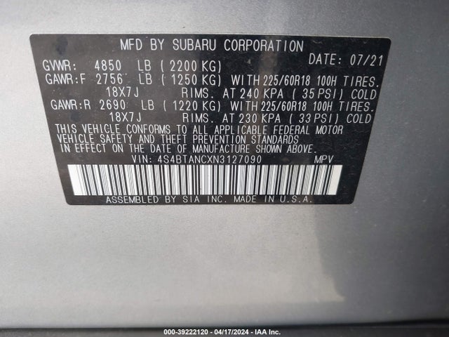 Subaru Outback Limited 2022 4S4BTANCXN3127090 Image 9