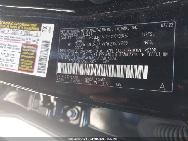 5TDFZRBH8NS232325 Toyota Highlander Platinum