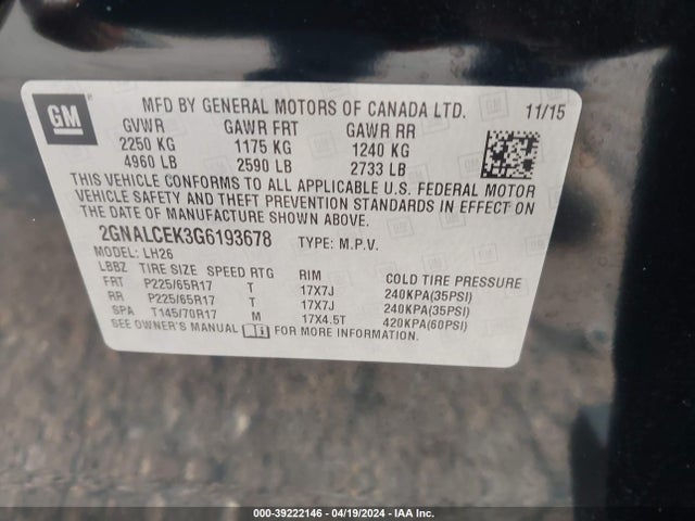 Chevrolet EQUINOX LT 2016 2GNALCEK3G6193678 Image 9