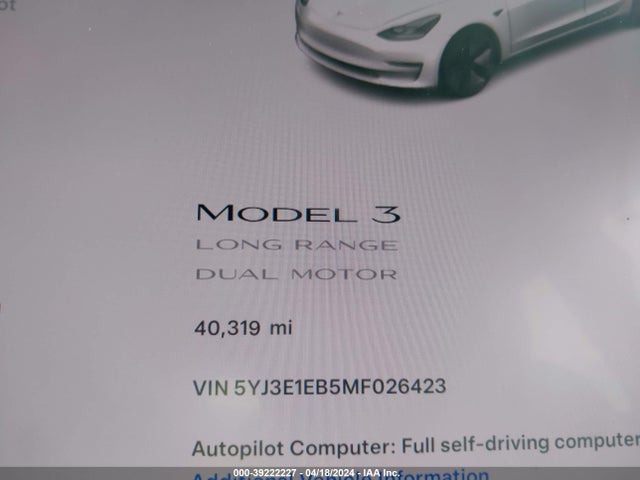 5YJ3E1EB5MF026423 Tesla Model 3 Long Range Dual Motor All-wheel Drive