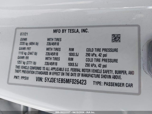 5YJ3E1EB5MF026423 Tesla Model 3 Long Range Dual Motor All-wheel Drive