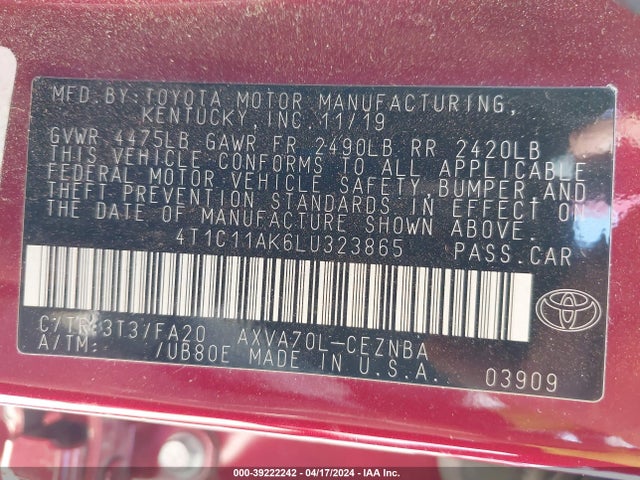 Toyota CAMRY LE 2020 4T1C11AK6LU323865 Image 9