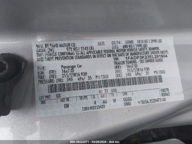 Ford FOCUS SE 2014 1FADP3K23EL291604 Image 9