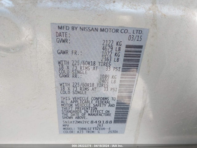 Nissan Rogue Sl 2015 5N1AT2MV2FC849188 Image 9