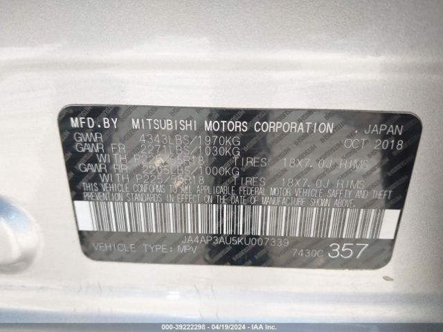 JA4AP3AU5KU007339 Mitsubishi Outlander Sport 2.0 Es